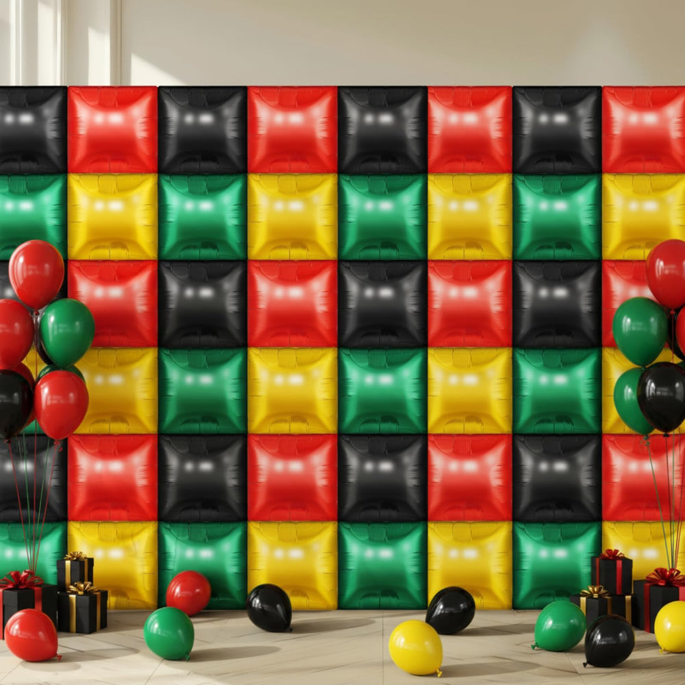 Charnoel square foil balloons create a bold wall backdrop for celebrations.