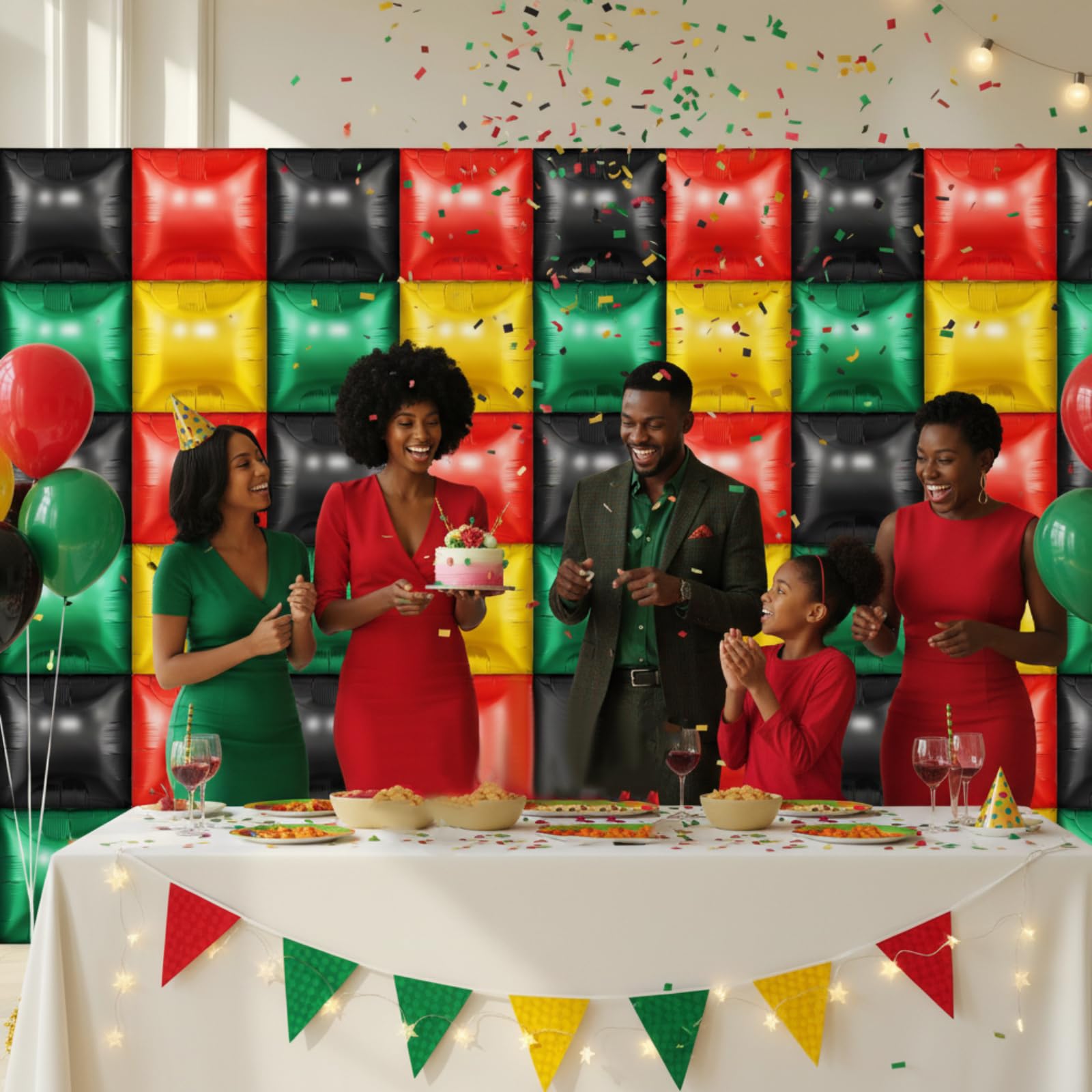 Square balloons in red black green yellow evoke heritage and festivity.