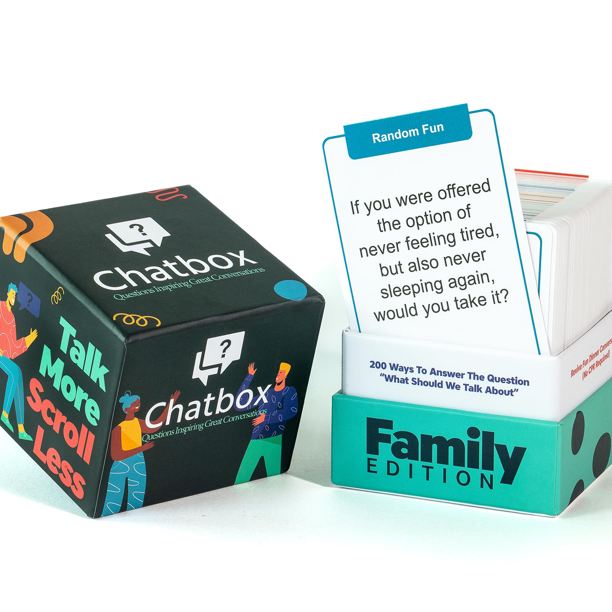 Chatbox 200 conversation cards on table spark family bonding during game night.