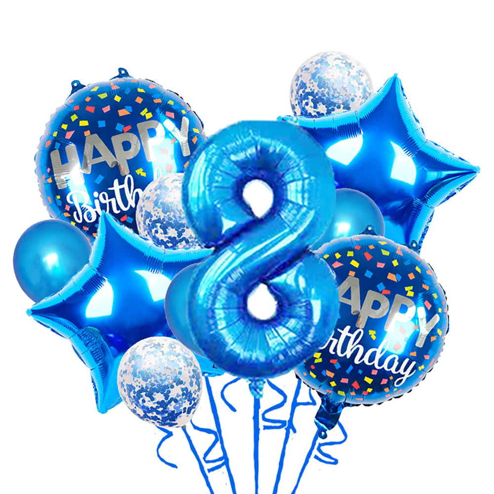 Chaungfu 11-pcs blue foil balloons for 8th birthday create a festive backdrop.