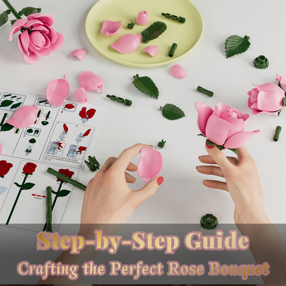 CHBOMTELEY Pink Rose Bouquet Building Set mix with other blocks for decor