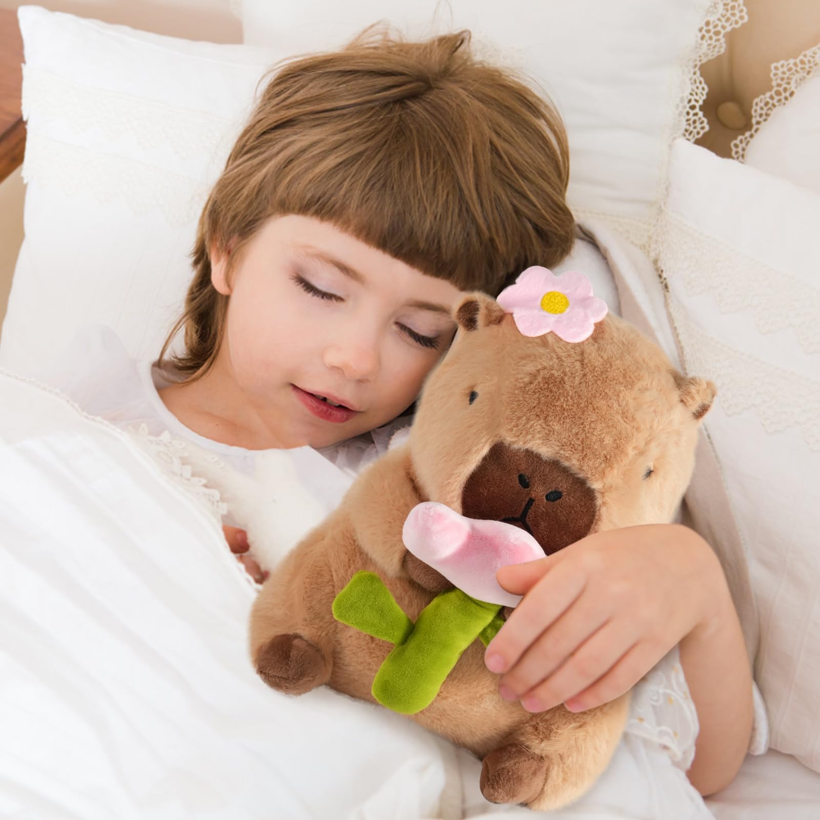 CHDBLOCK Flower Capybara Plush in a cozy snuggle scene for kids.