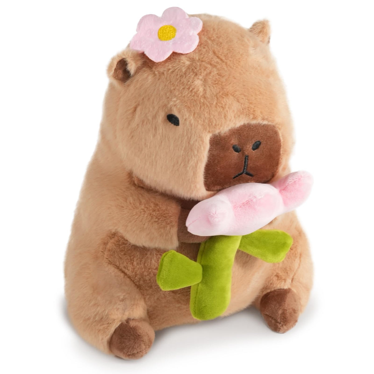 CHDBLOCK Flower Capybara Plush with tulip in paws, a cozy cuddle companion.