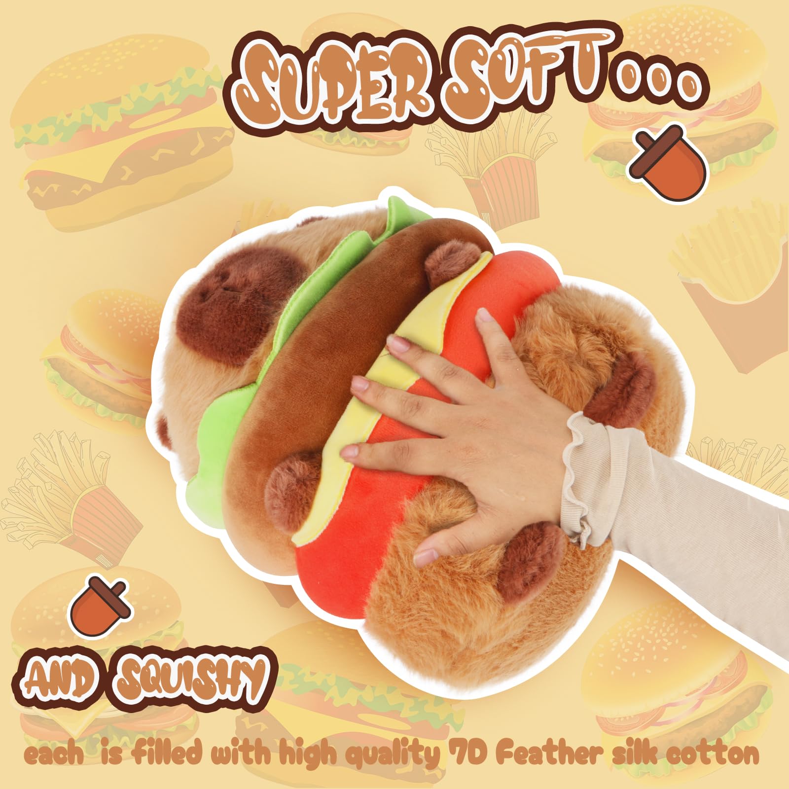 CHDBLOCK Hamburger Capybara Plush closeup fabric, showing soft material and stitching detail.