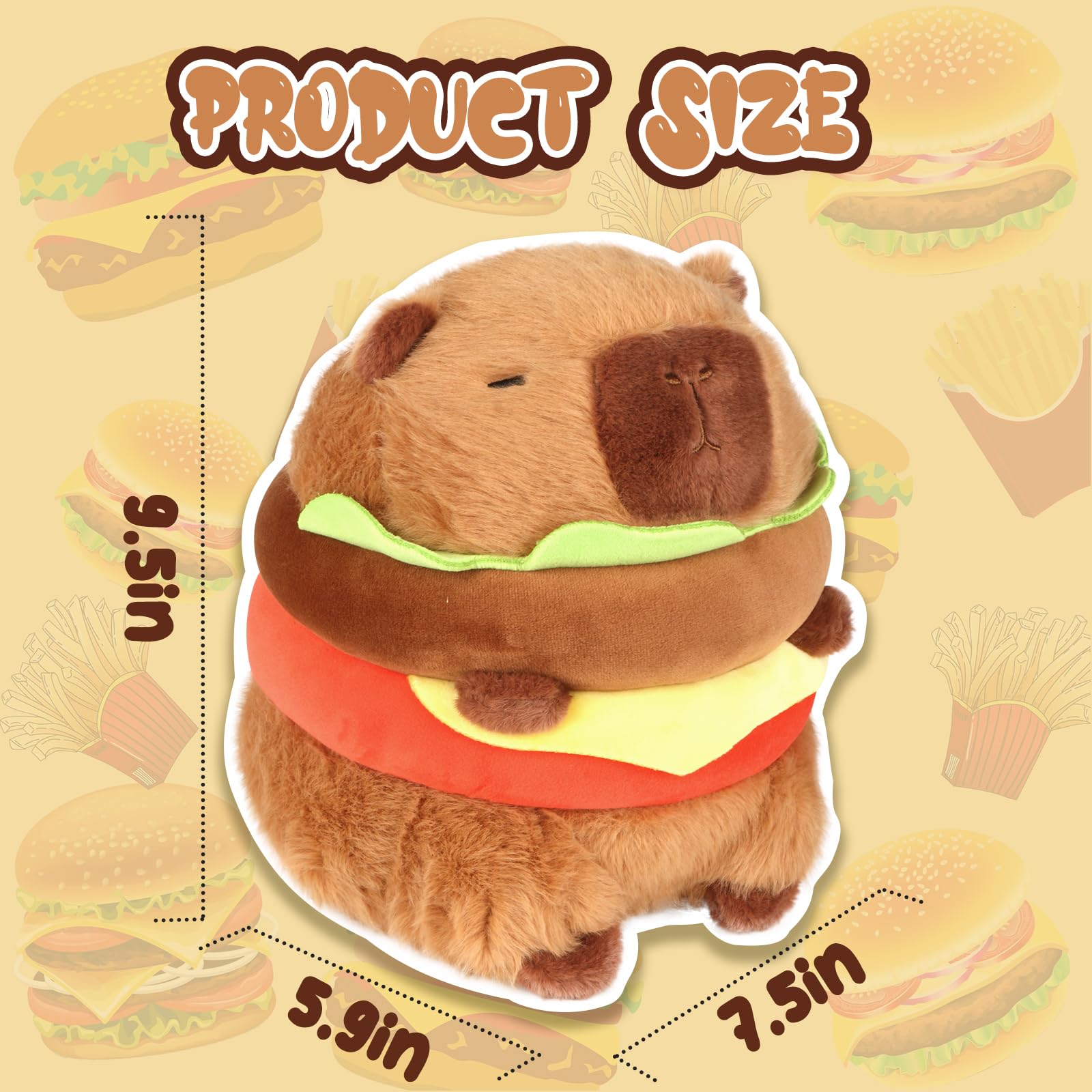 CHDBLOCK Hamburger Capybara Plush side view, ideal on desks or shelves.