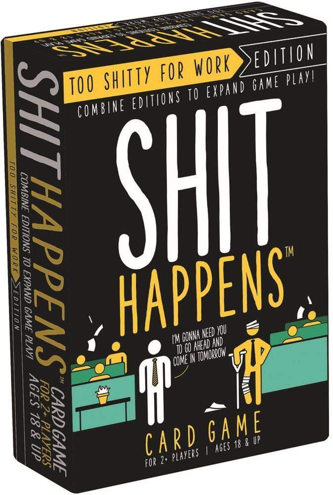 Cheatwell Shit Happens Too Shitty for Work Edition black box cover, ideal for party icebreakers.