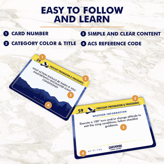 Checkride Study Guide flashcards interior pages—color-coded sections for quick navigation.