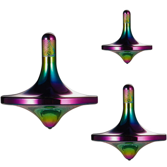 CHEETOP iridescent large spinning top showing balance and long spin duration on a desk