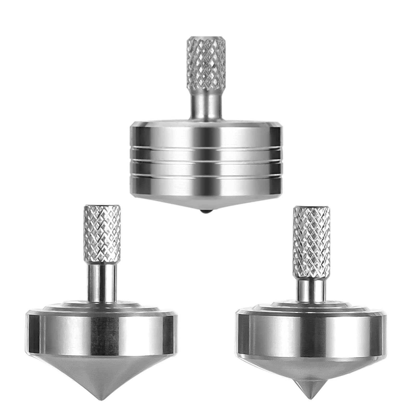 CHEETOP stainless steel spinning top front view shows premium balance for desk play