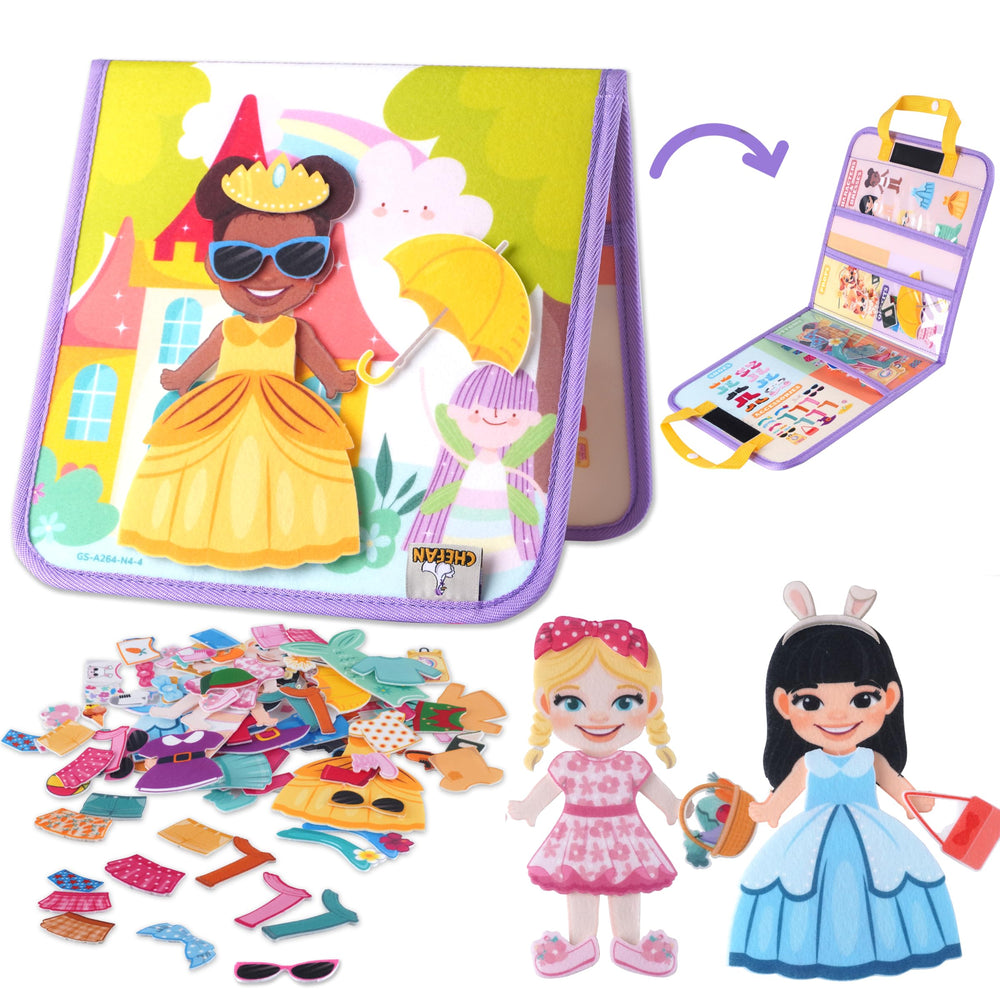 CHEFAN felt dress-up dolls set with bag and stand for easy, portable pretend play.