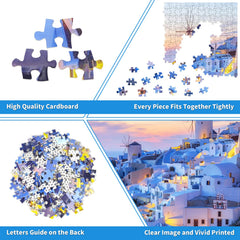 CHengQiSM Santorini sunset skyline image offers calming focus during puzzle night.