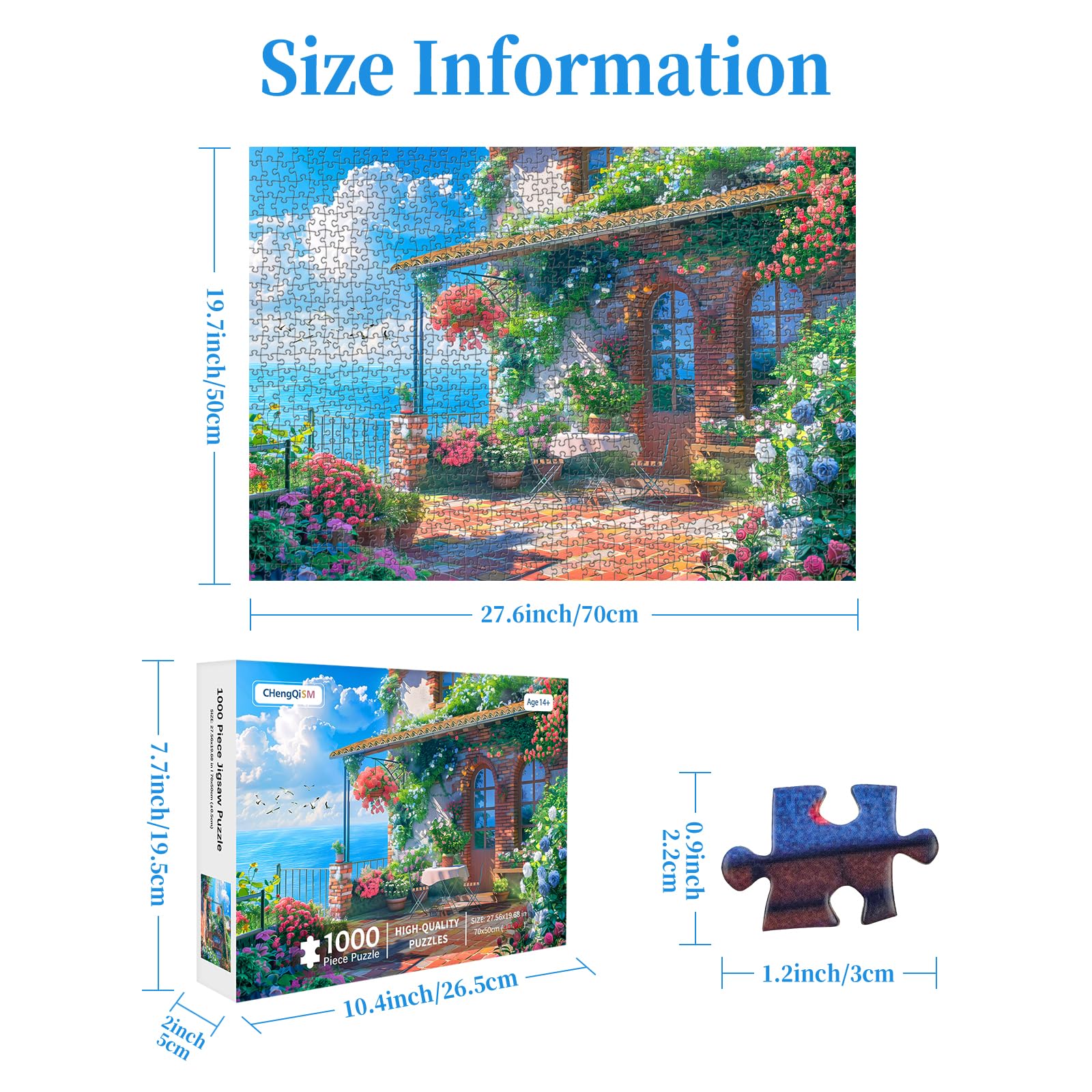 Completed Seaview Cottage puzzle laid out on table, bright coastal scene