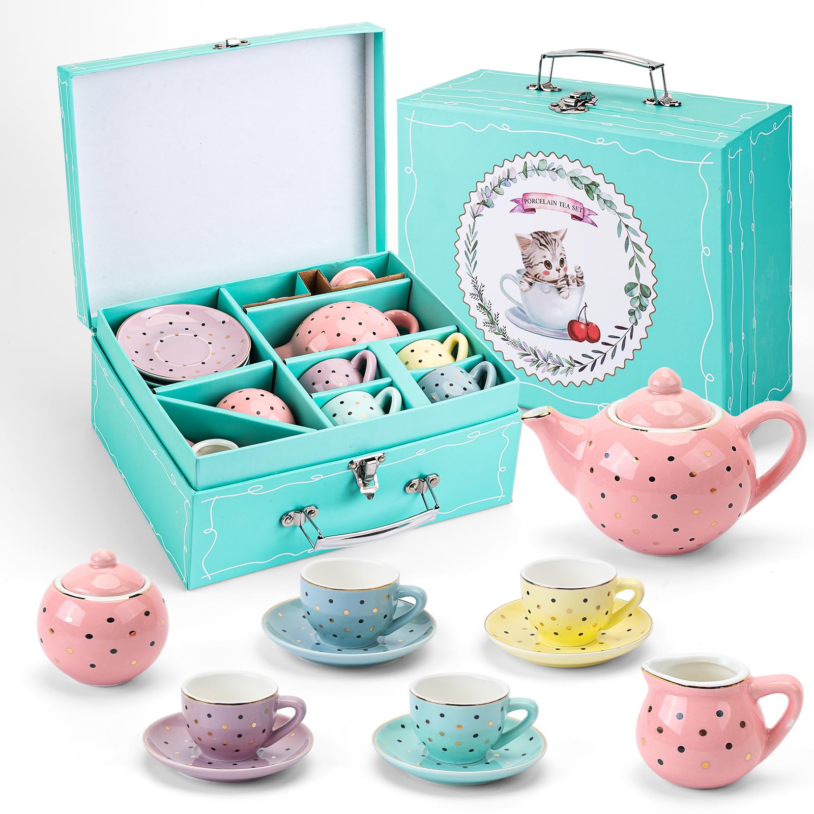 CHENP.HMC porcelain teapot with polka dots for pretend tea parties.