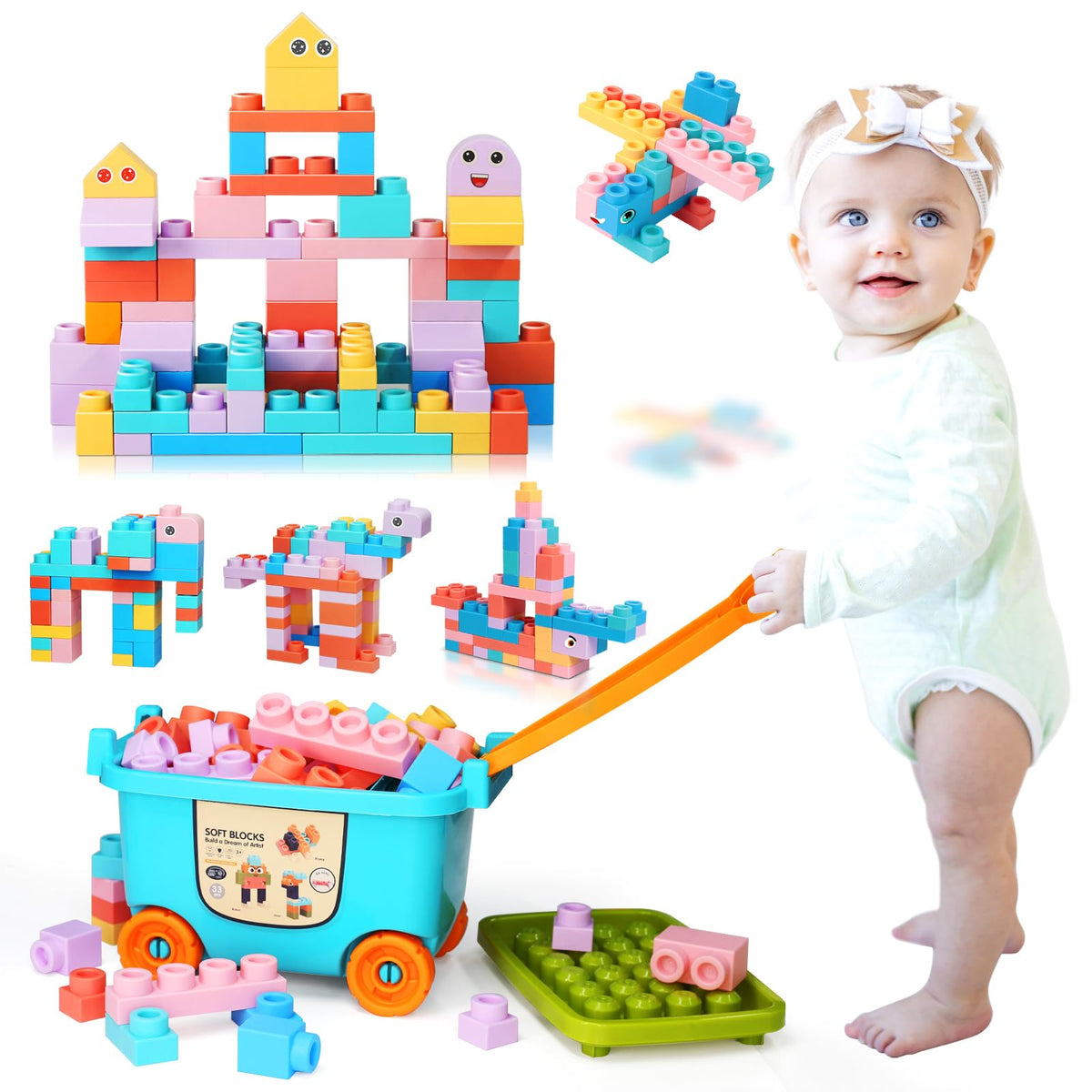 chenxuanbro large-particle soft blocks with handcart promote early hand-eye coordination.