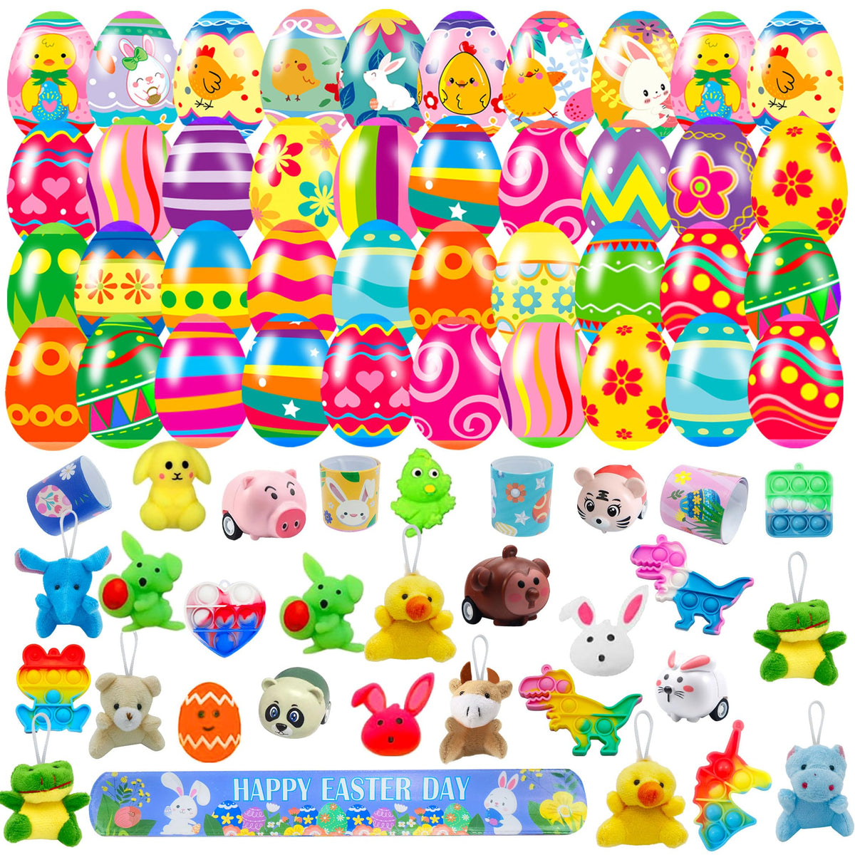 Cherislpy Easter eggs filled with toys for colorful kids' party favors.