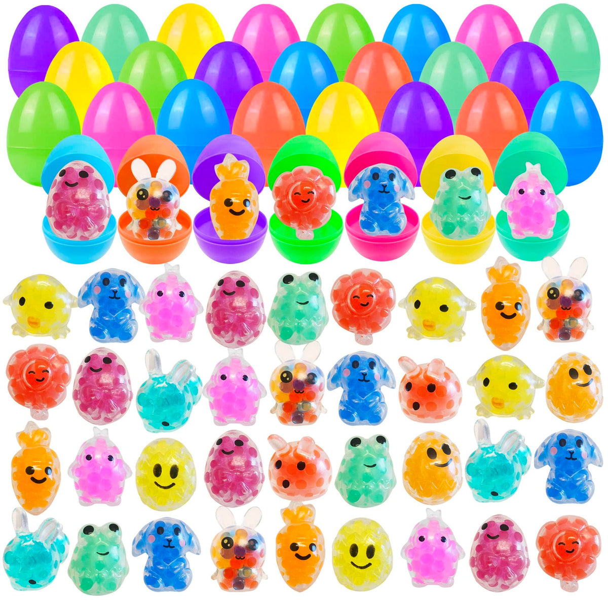 Cherislpy Easter eggs with squishy toys inside for colorful basket fillers and party favors.