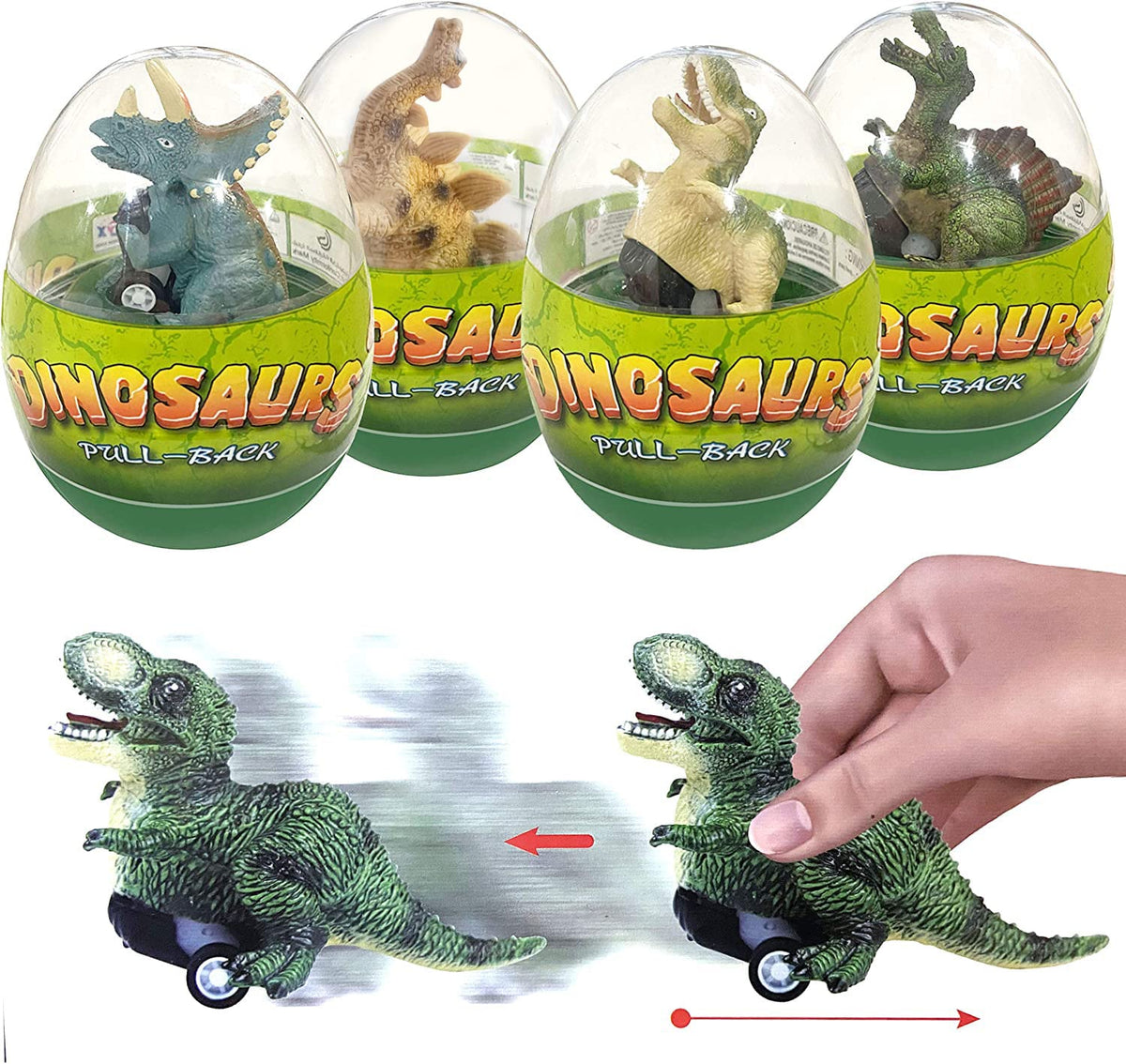 Cherislpy jumbo dinosaur egg with visible pull-back car for active play.