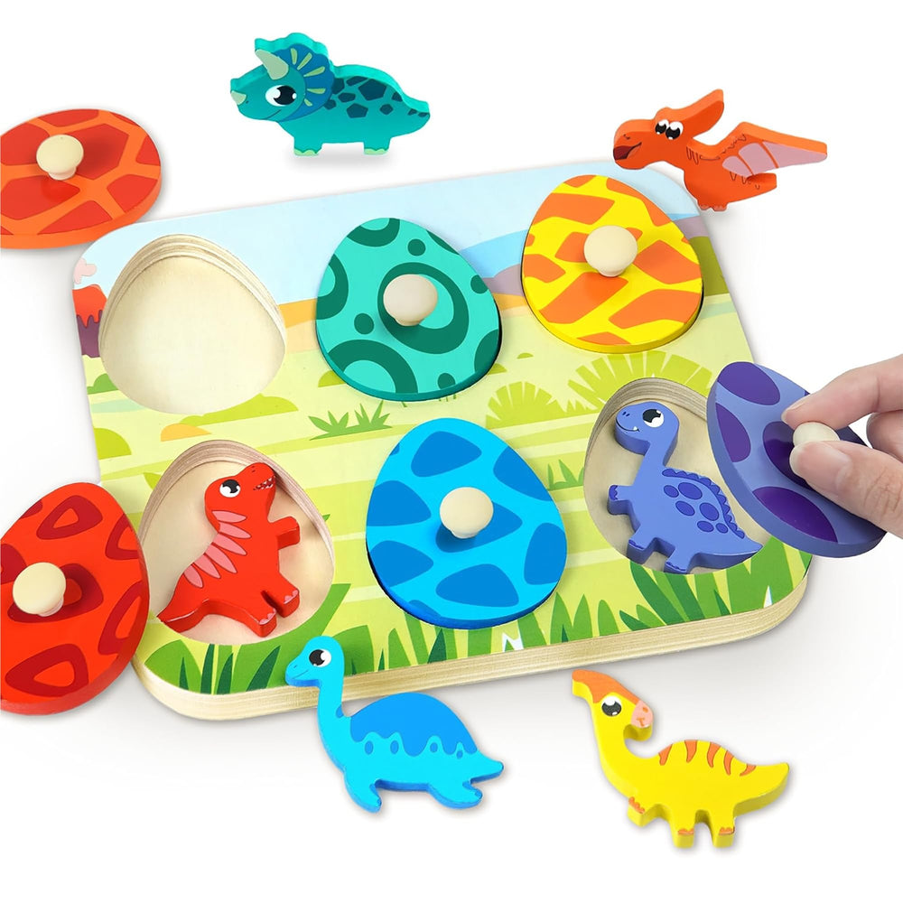 CHESLICR dinosaur wooden puzzle with egg lids enhances color recognition and early matching skills.