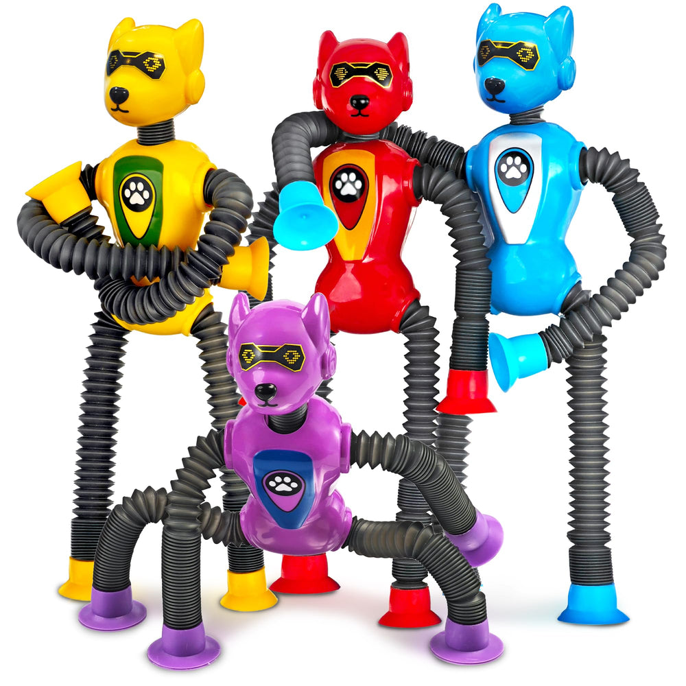 CHESLICR Robot Dog Pop Tubes on a desk for sensory play and travel focus.