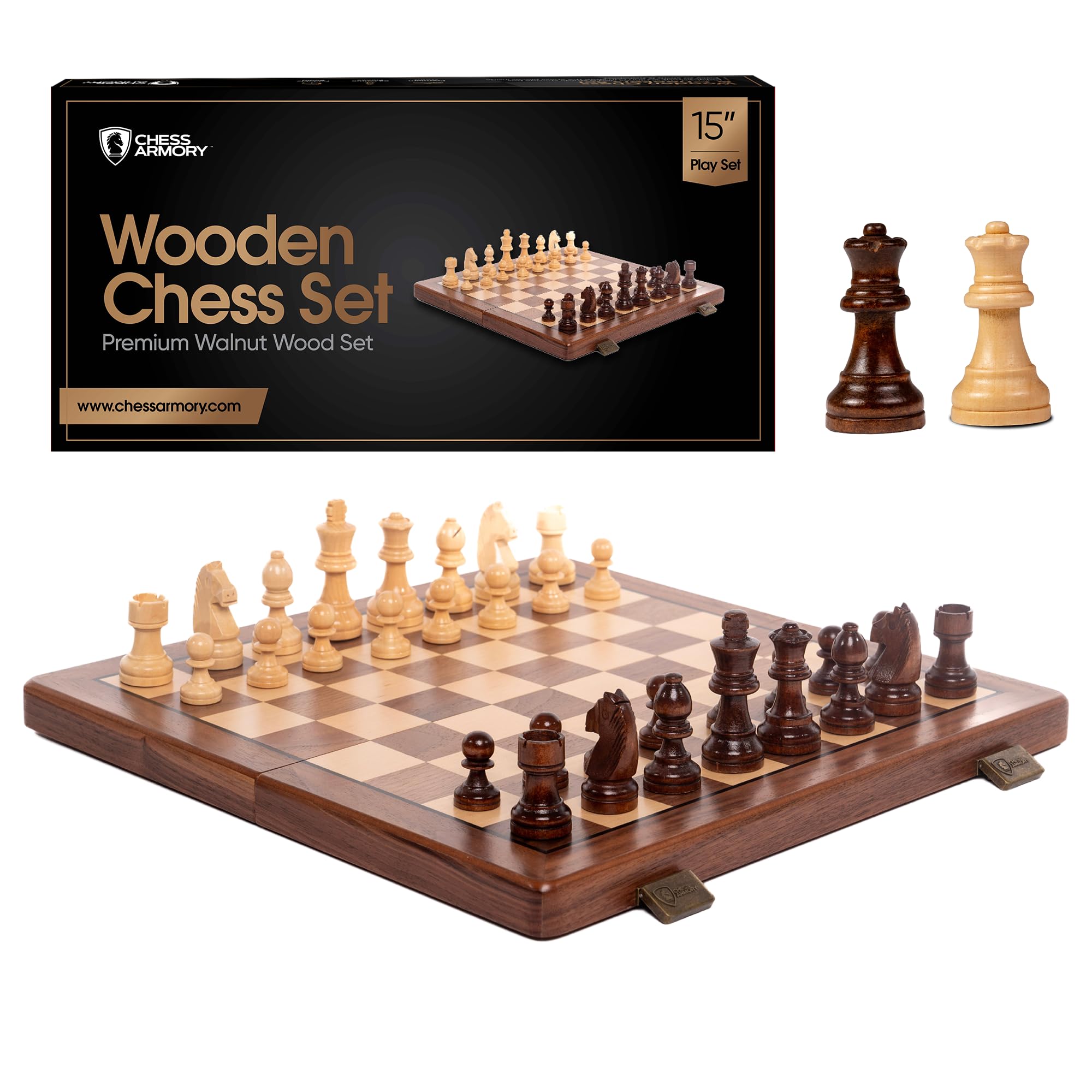 Chess Armory 15-Inch walnut chess set on premium playing surface.