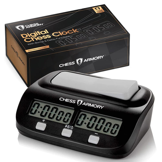 Chess Armory Digital Chess Clock front view with quick setup for games