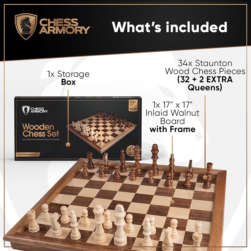 Chess Armory walnut 17-inch chess board provides a smooth play surface.