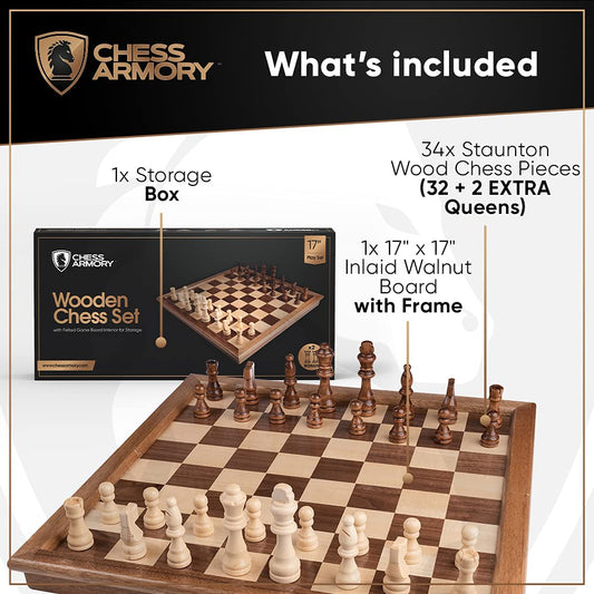 Chess Armory walnut 17-inch chess board provides a smooth play surface.