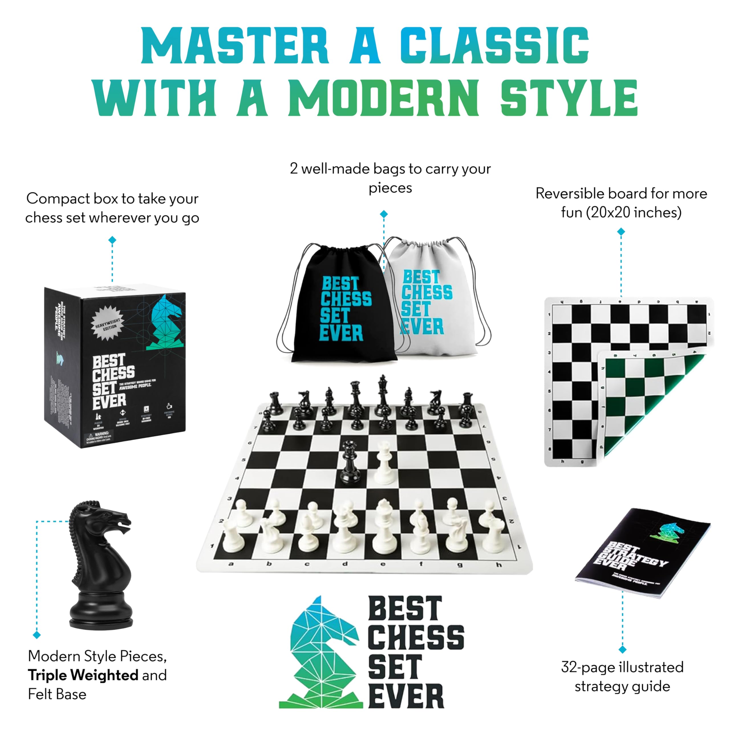 Chess Geeks Best Chess Set Ever double-sided board in black and green supports versatile play.