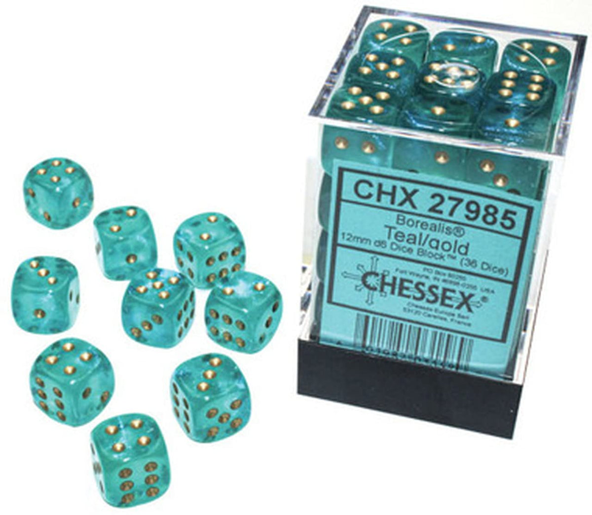 Chessex Borealis 12mm teal/gold d6 luminary dice block glows in the dark