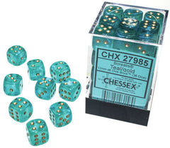 Chessex Borealis 12mm teal/gold d6 luminary dice block glows in the dark