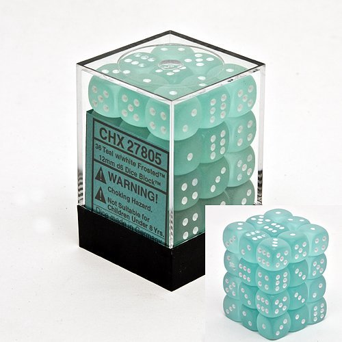 Chessex frosted teal d6 dice with white pips, 12mm, 36-piece block for portable gaming