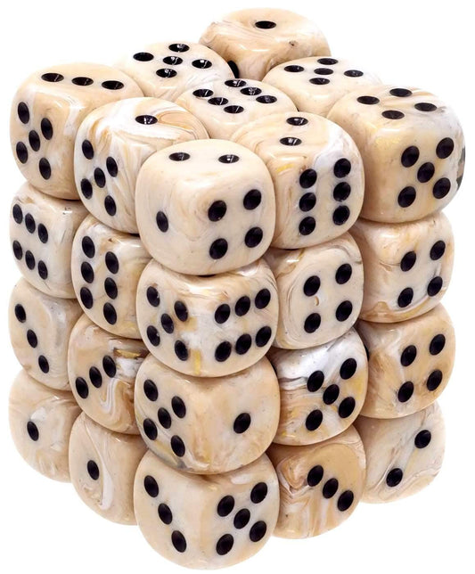 Chessex ivory-black marble d6 dice, crisp readability for RPG and tabletop use.
