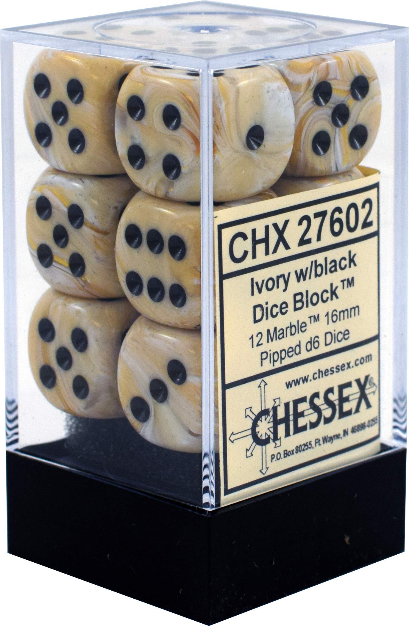 Chessex Marble Ivory D6 dice with black marbling, 16mm block, ideal for RPG sessions