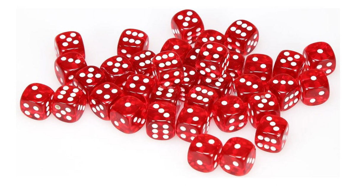 Chessex red translucent D6 dice with white pips, stored in a clear box for easy transport