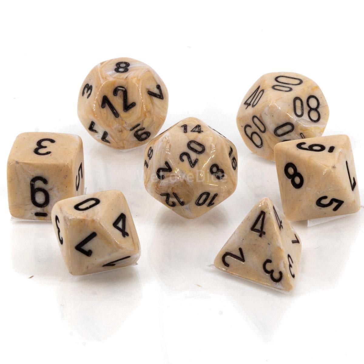 Chessex dice marble ivory black set top view shows uniform size and clear numbers for easy reading.