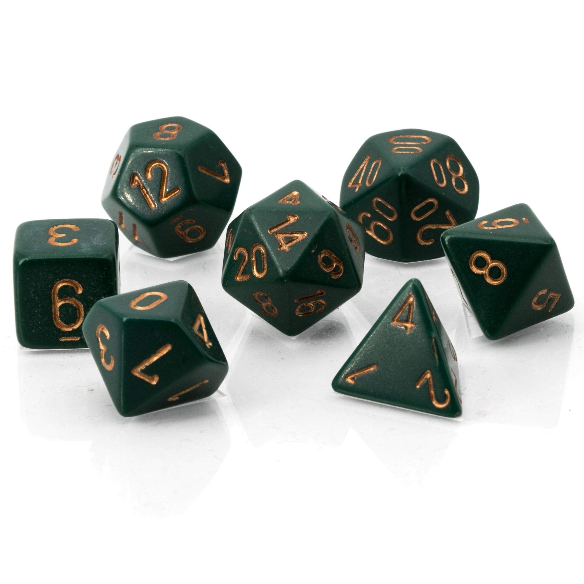 Chessex opaque dusty green copper dice set, top view showing readable faces.