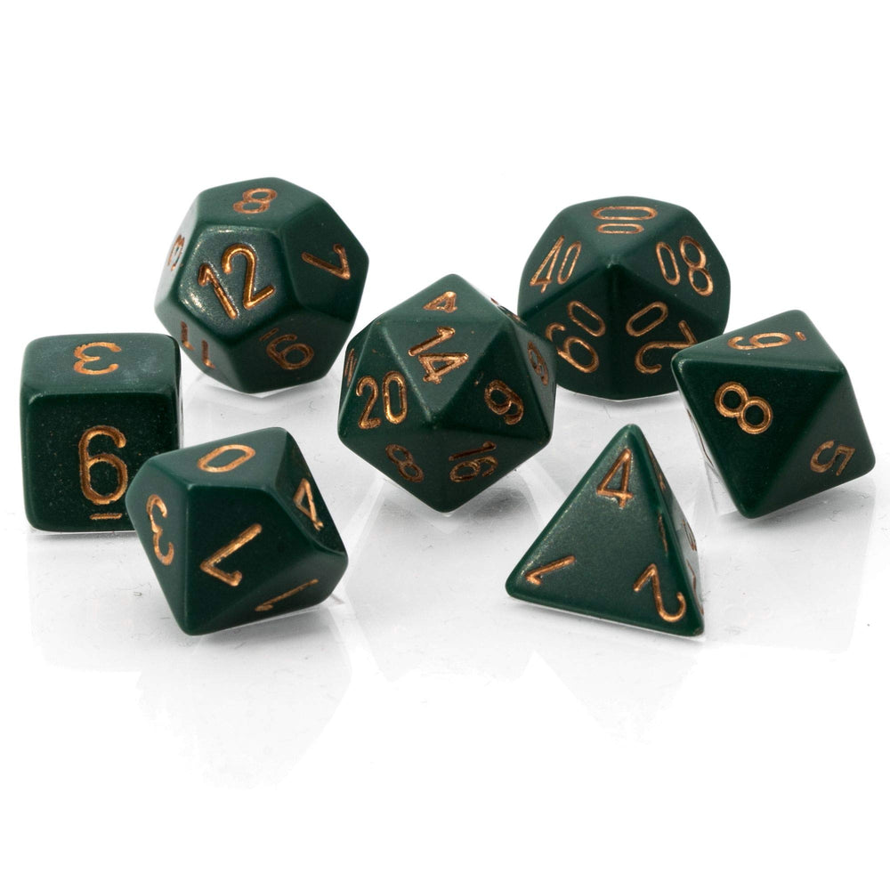 Chessex opaque dusty green copper dice set, top view showing readable faces.
