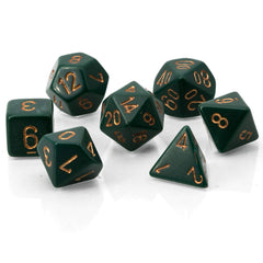 Chessex opaque dusty green copper dice set, top view showing readable faces.