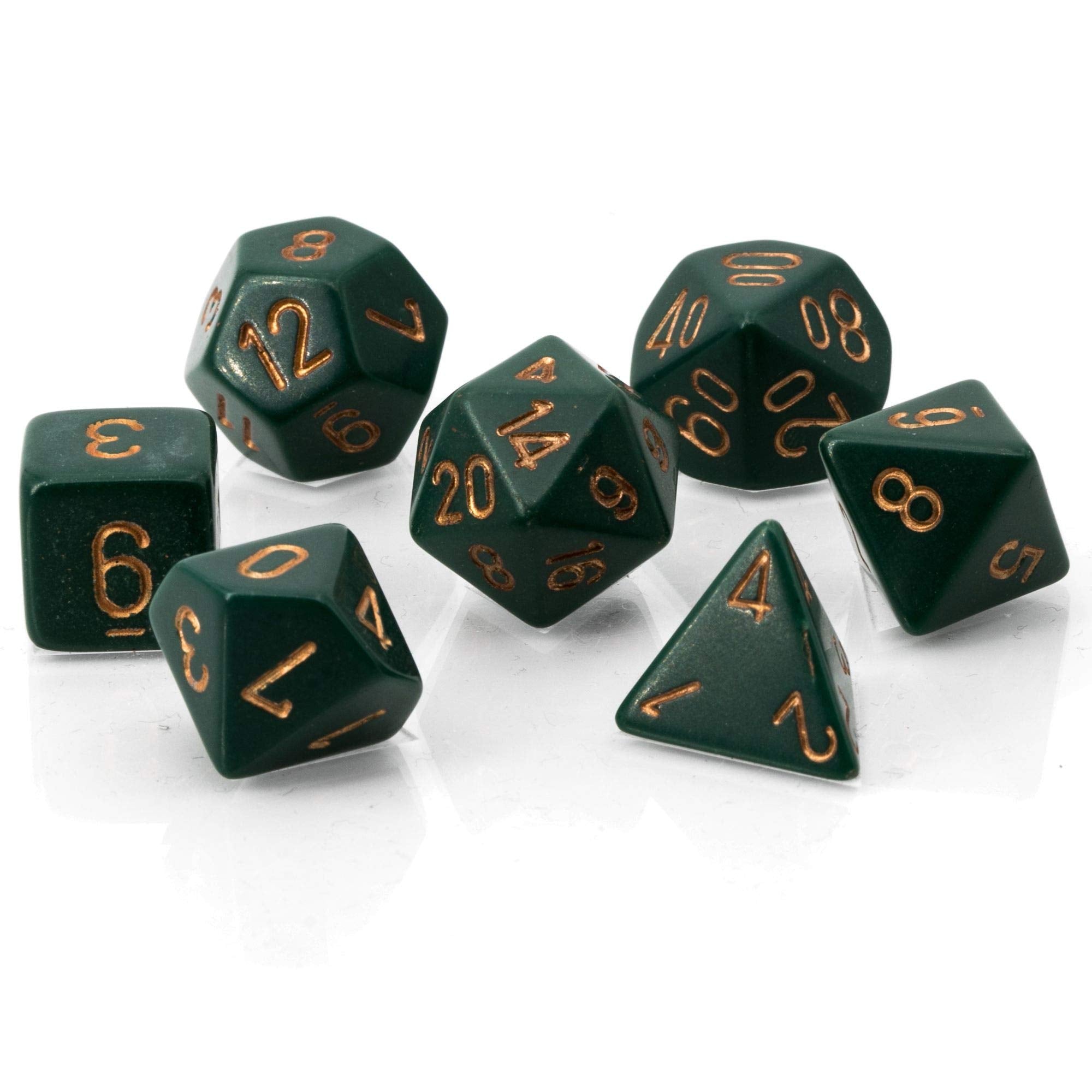Chessex dusty green copper dice ideal for reliable tabletop rolls.