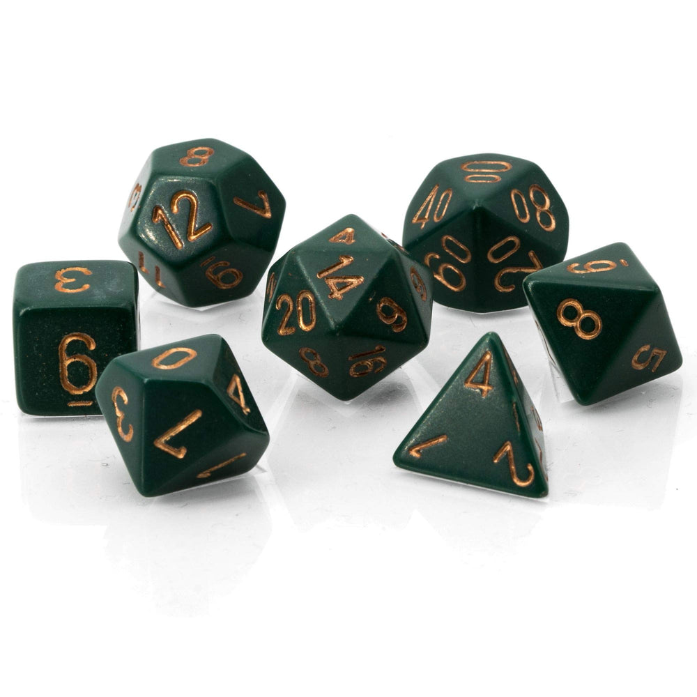 Chessex dusty green copper dice ideal for reliable tabletop rolls.