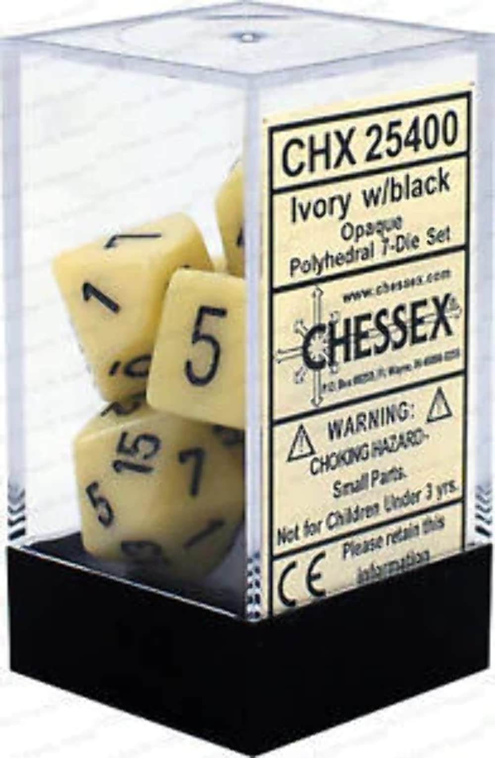 Chessex opaque ivory/black dice set with dense feel and sharp edges for reliable gameplay.