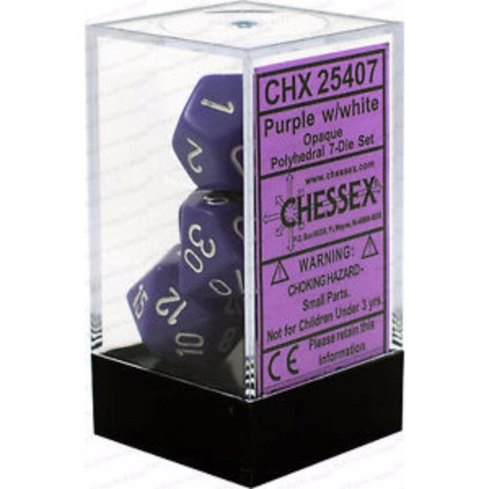 Chessex dice opaque purple/white set with top-read numbers for RPG clarity.