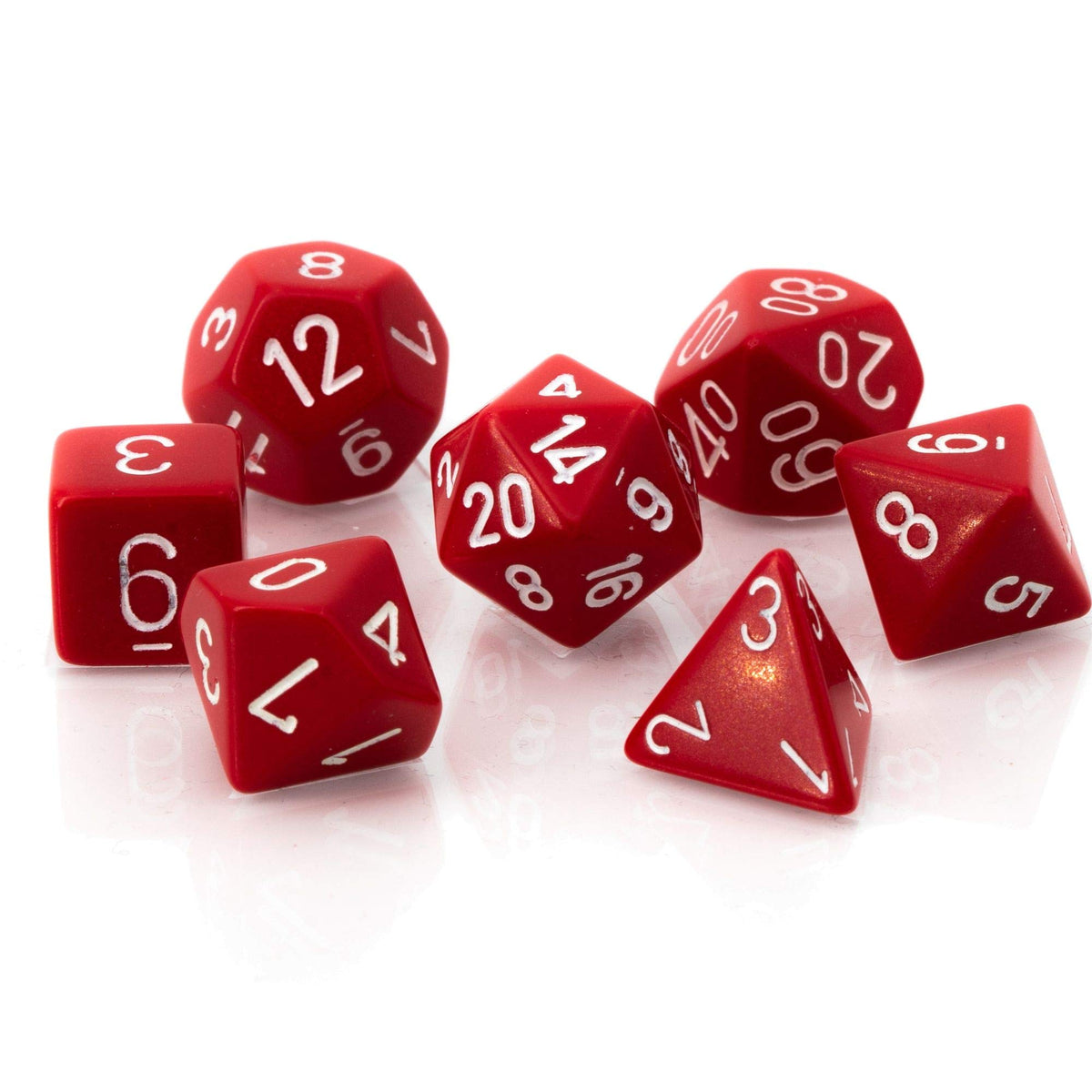 Chessex opaque red white dice set viewed from top for quick setup