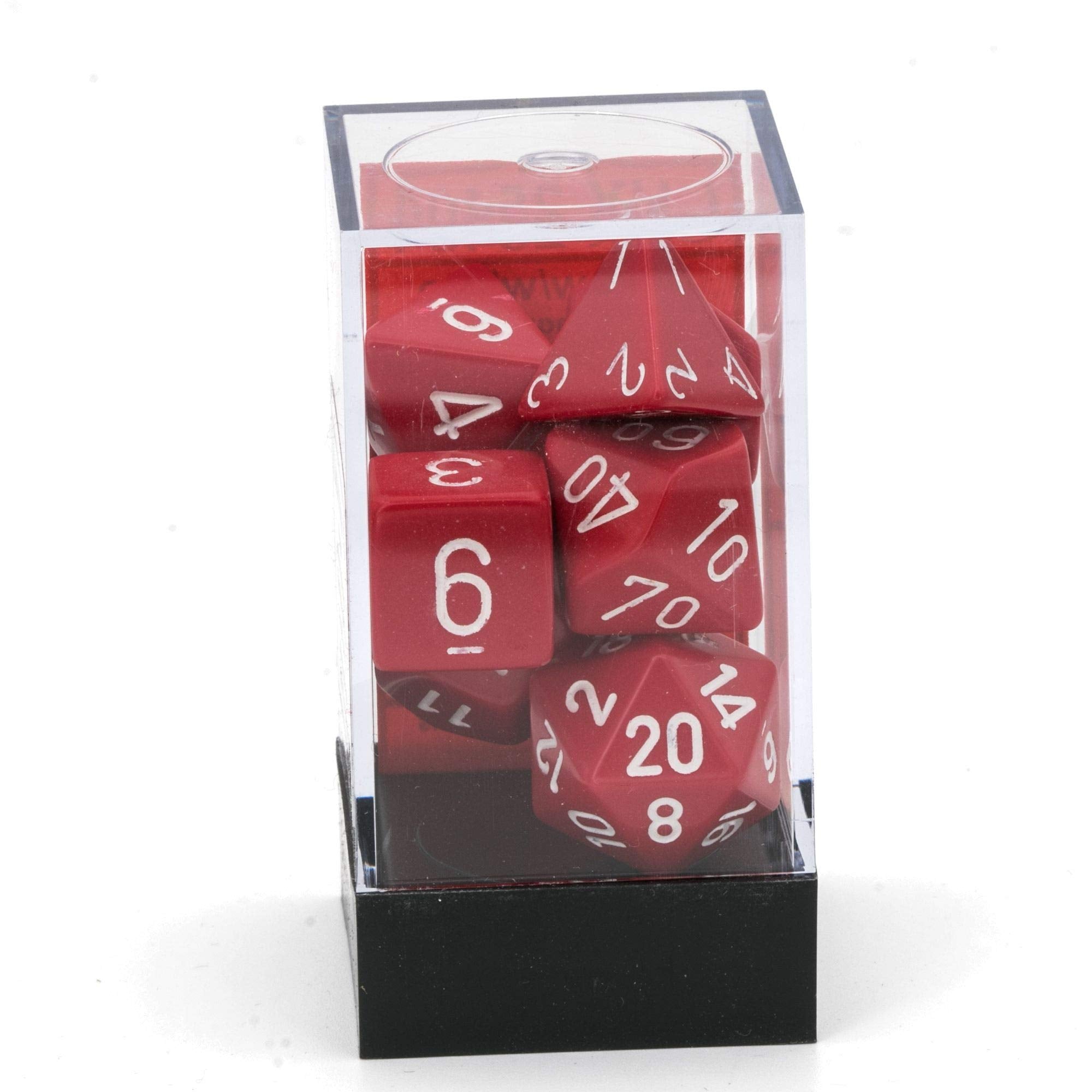 Chessex opaque red white set arranged on tray for tidy gaming