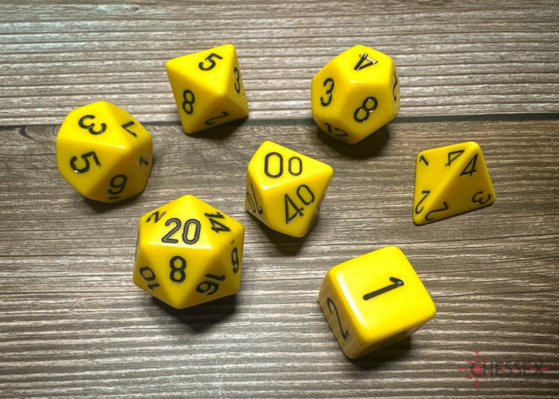 Chessex opaque yellow-black front view shows high-contrast numbering.