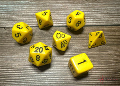 Chessex opaque yellow-black front view shows high-contrast numbering.