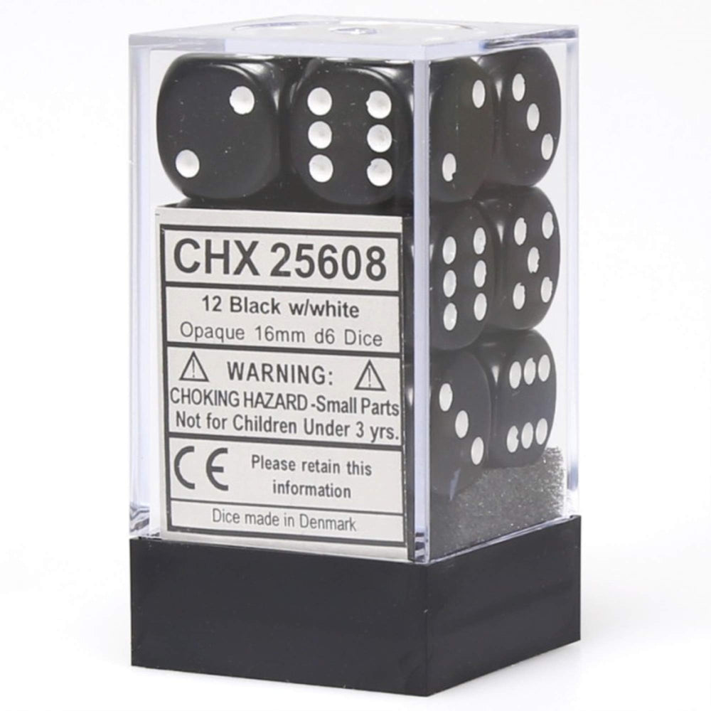 Chessex dice set with 12 black and white 16mm D6 dice for tabletop gaming