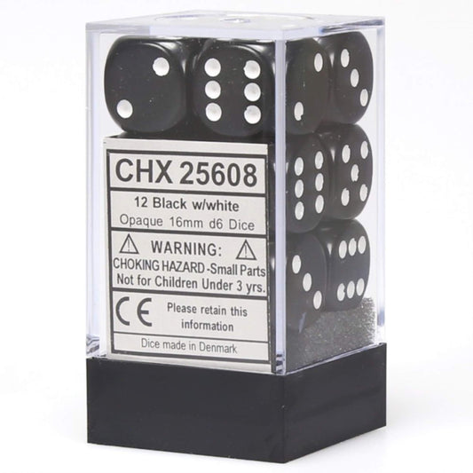 Chessex dice set with 12 black and white 16mm D6 dice for tabletop gaming