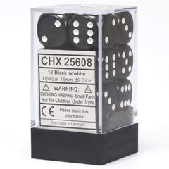 Chessex dice set with 12 black and white 16mm D6 dice for tabletop gaming