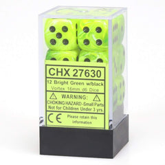 Chessex DND dice set, Vortex Bight Green and Black, ideal for tabletop RPG sessions and high-damage rolls
